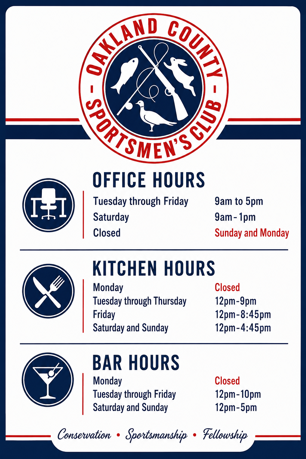 Oakland County Sportsmens Club Hours of Operation